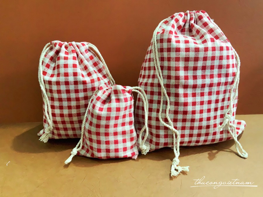 Set 3 túi rút vải bố - Caro đỏ